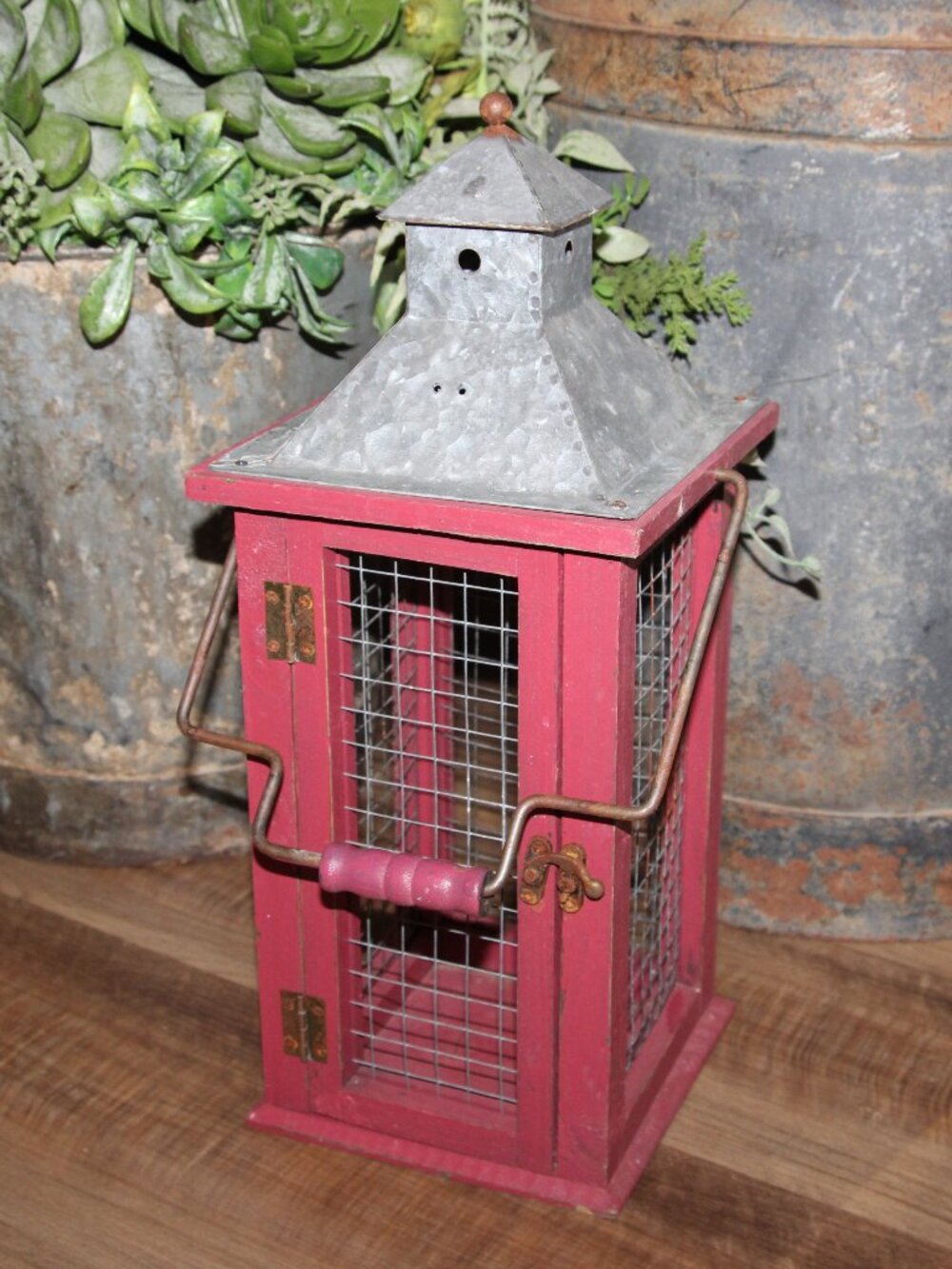 Large Rustic Red 17.5" Wood Metal & Grate Farmhouse Lantern